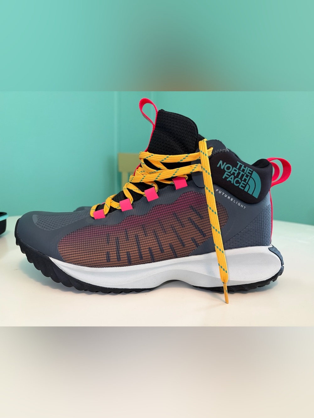 The North Face Men’s Hike Runner in Navy with Yellow & Hot Pink Accents Size 10